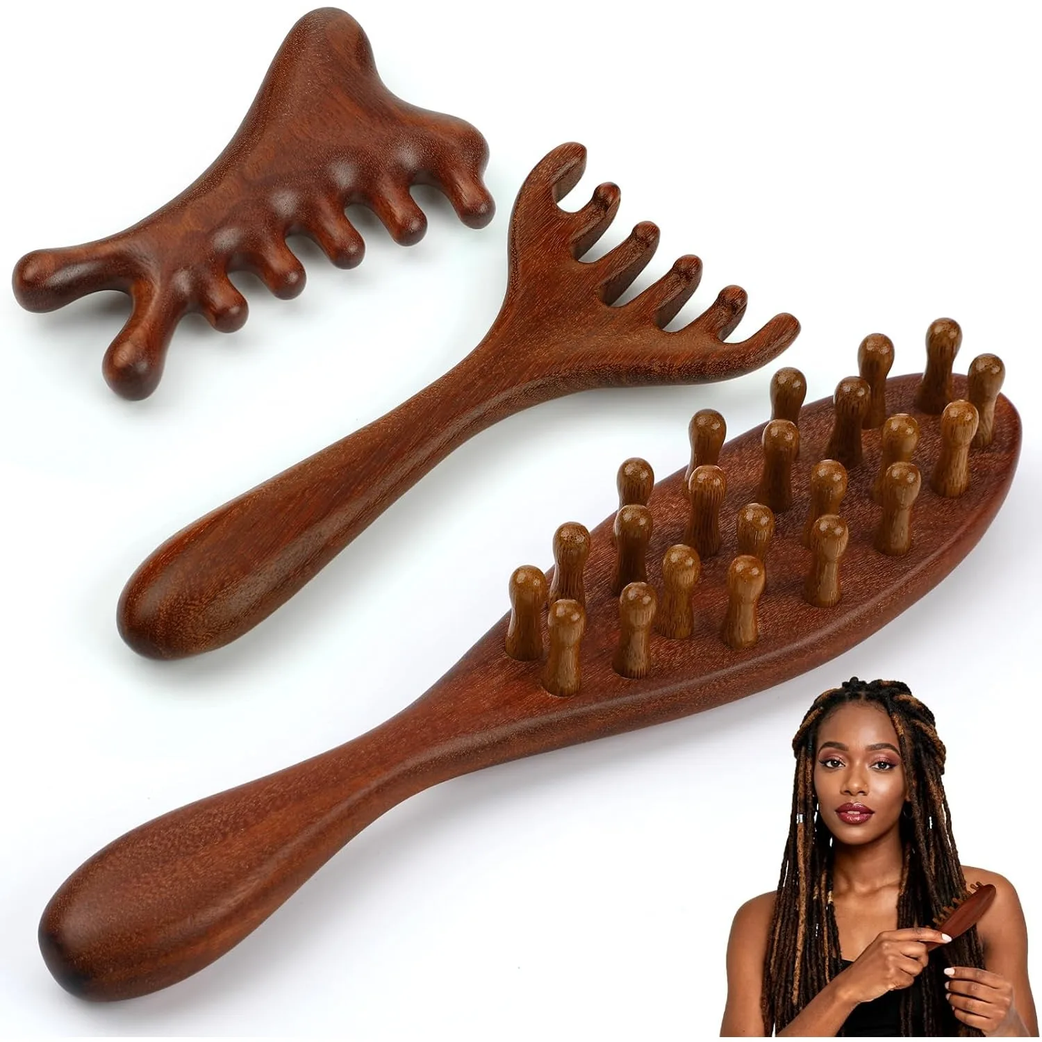 Multi-Functional Wooden Therapy Massage Comb Scalp Head Massager Natural Sandalwood Hair Brush Guasha Scraping Body Massage Tool