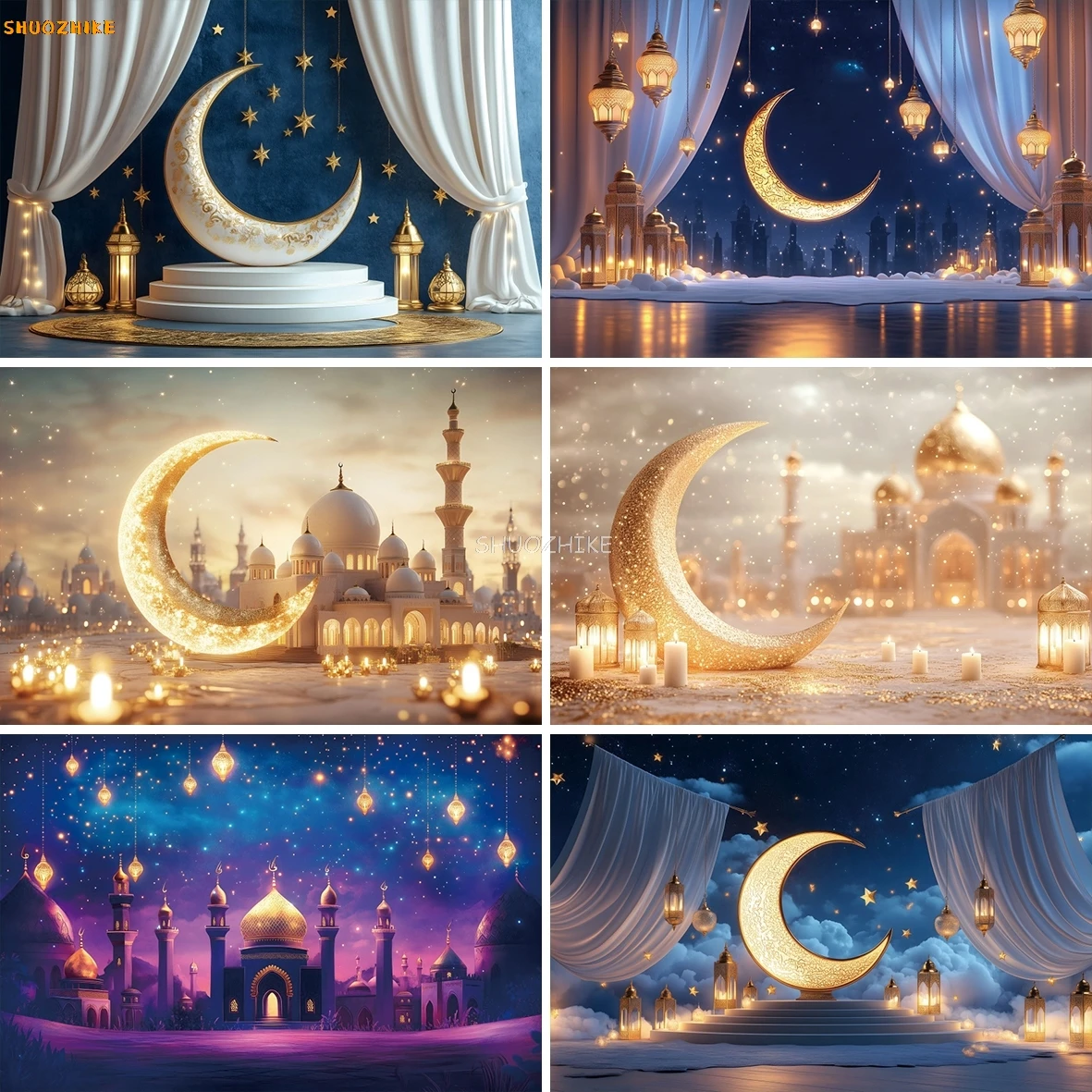 

EID Mubarak Photography Background Gold Moon Ramadan Mosque Lantern Muslim Festival Party Indoor Family Portrait Photo Backdrops