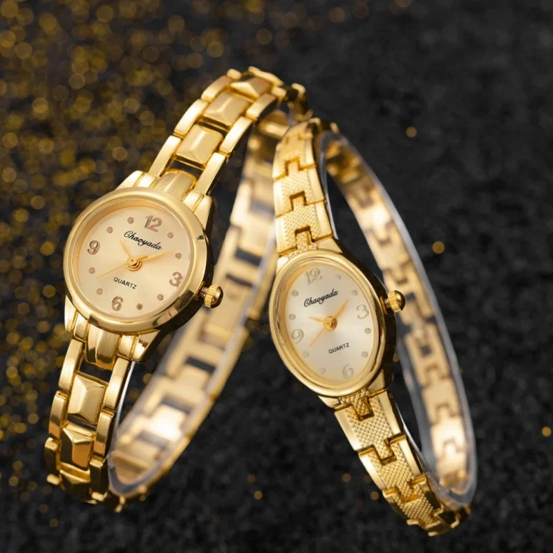 2 uds reloj de pulsera para mujer reloj de cuarzo con esfera pequeña dorada de lujo para mujer vestido elegante reloj de pulsera para mujer reloj montre femme