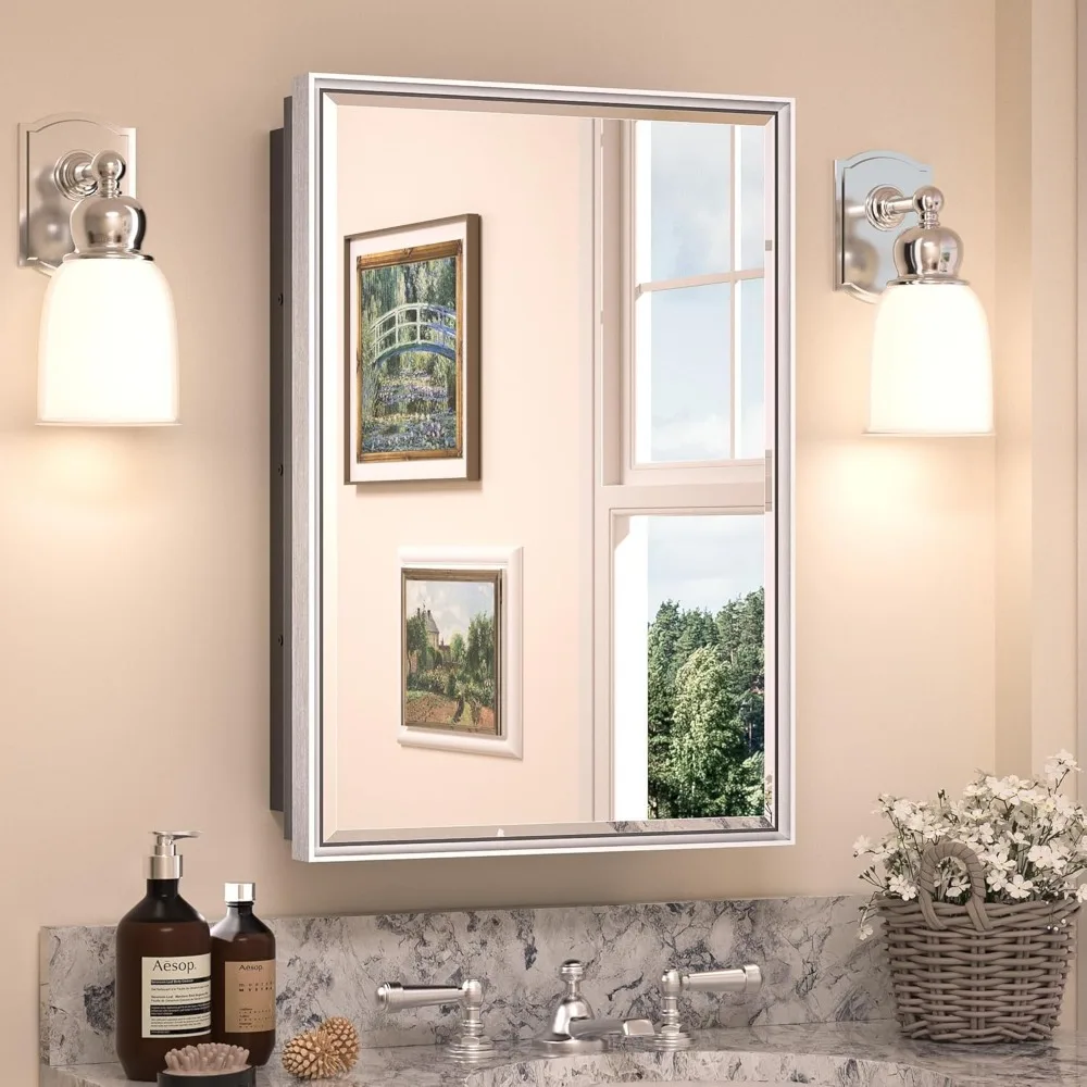 

Medicine Cabinet with Mirror 17 x 25 Inch Brushed Silver for Bathroom Aluminum Framed Surface or Recessed Wall-Mounted Me