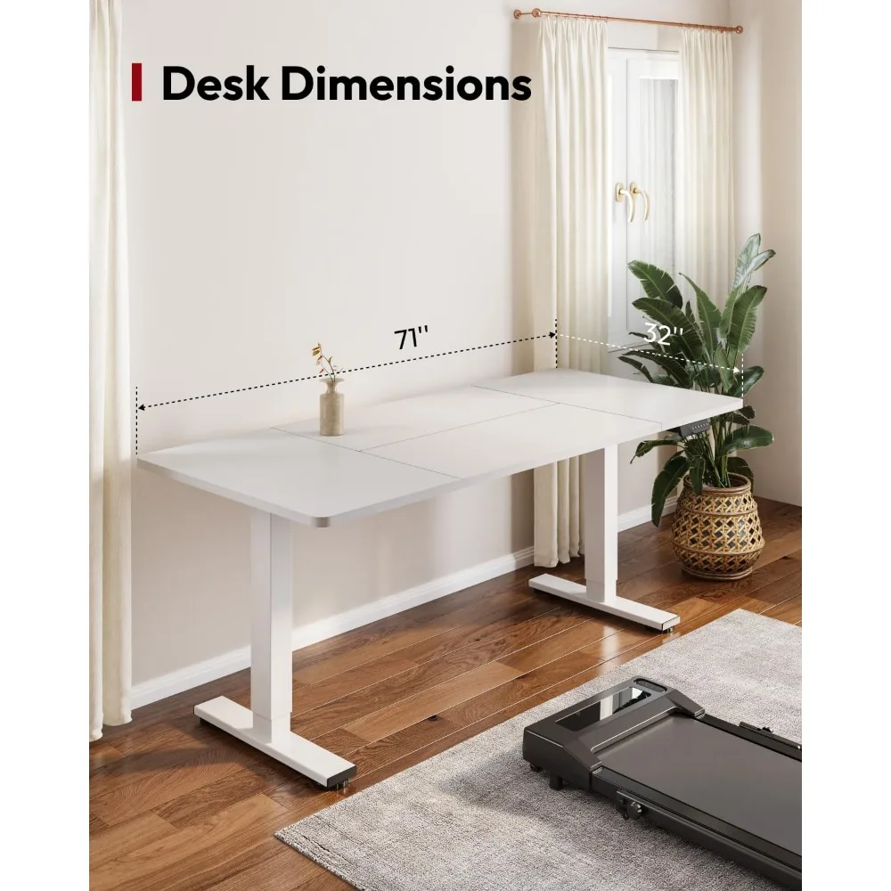 Height Adjustable Electric Standing Desk 71x32 Inches for Home Office with Splice Board, White Frame, Ergonomic Sit-Stand Desk
