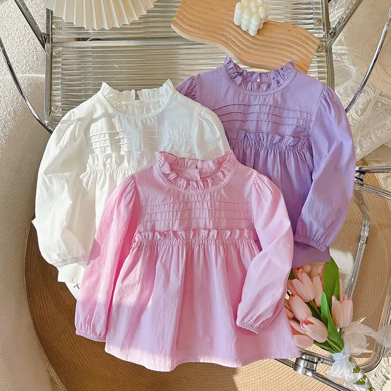 

Cute Ruffle Round Neck Pure Cotton Girl's Shirts Long Sleeved Solid Color Korean Style Sweet Blouse Tops Girls Clothing