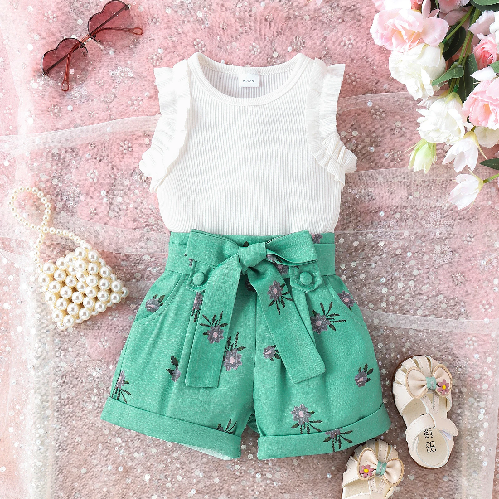 2PCS 0-4 Years Old Cute Fashion Trend Comfort Baby Universal Multi-Colored Cratered Lace Top + Printed Shorts Summer