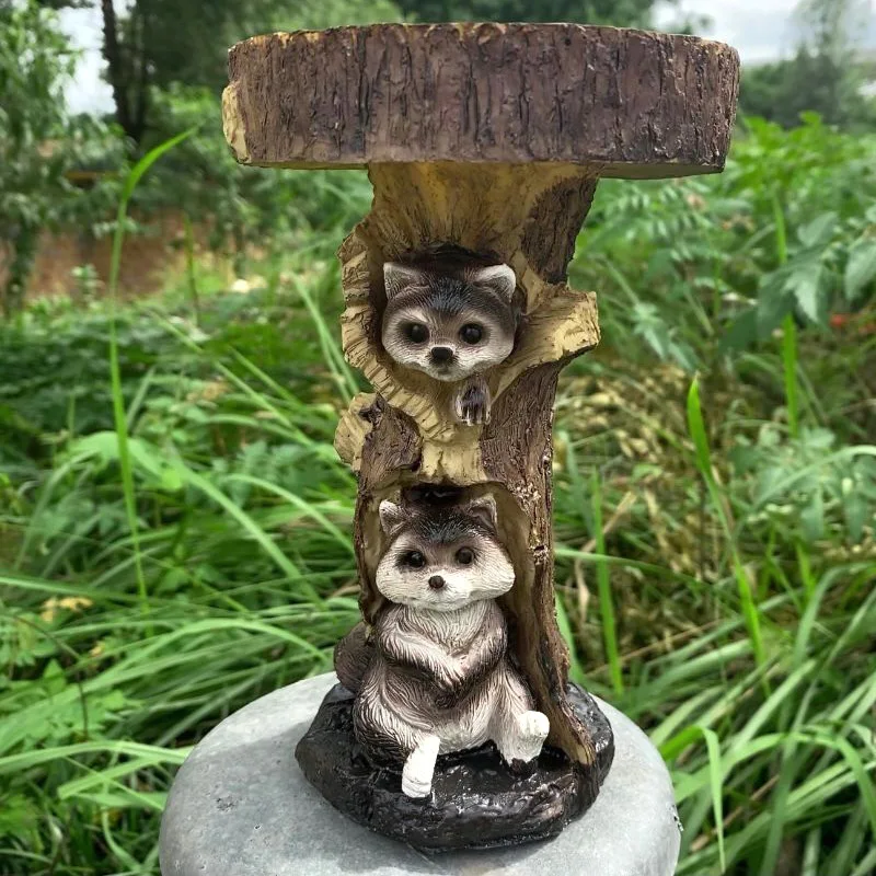 Raccoon Water Tray Sculpture Waterproof Resin Statues with Bird Bath Tray Retro Simulation Ornaments for Outdoor Garden Lawn Pat