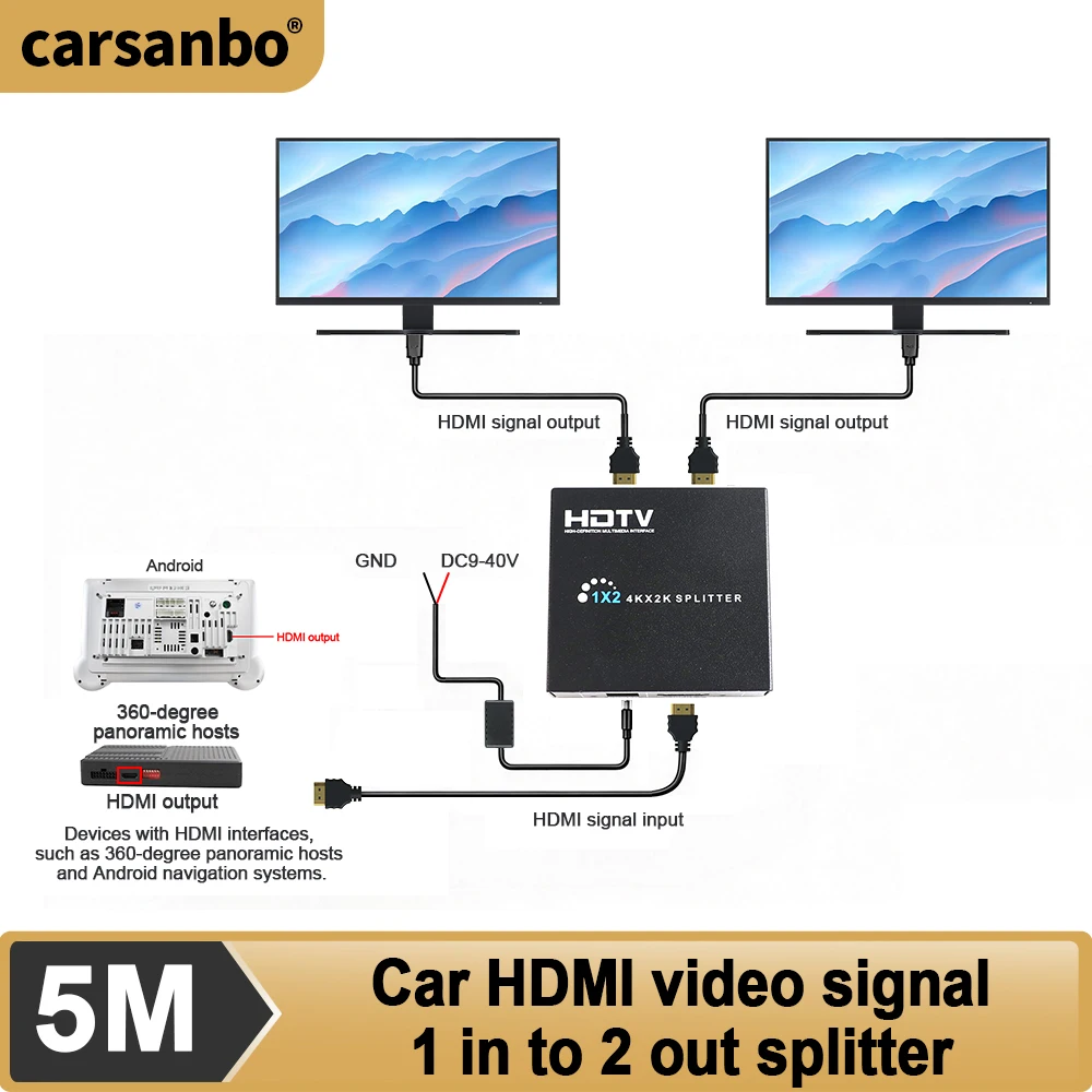 Carsanbo Car Hdmi Splitter 1 In 2 Out 4k*2k 12-24v Compatible Supprt 3D HD Display Converter For 360 Car Camera System