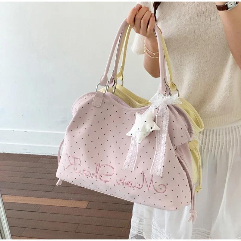 Koreanische große Canvas-Tragetasche mit Polka-Dot-Sternmuster, süße, edgy Schultertasche im Ballett-Schleifen-Stil, vielseitige Damen-Handtasche für den Arbeitsweg – Detail 12