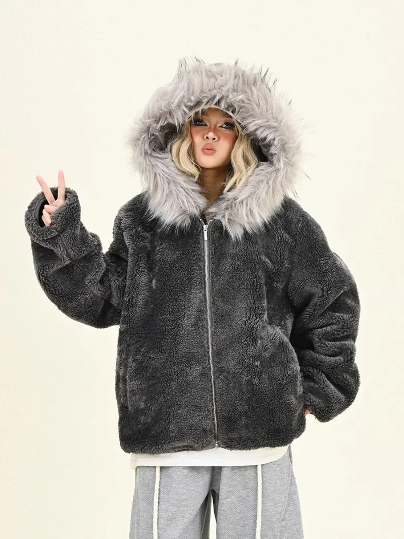 2024 Winter New Loose American Retro Trendy Brand Soft Waxy Big Fur Collar Thickened Coat For Women