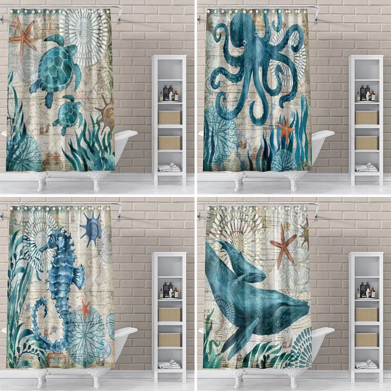 Ocean fetish turtle seahorse bathroom shower curtain bath partition polyester waterproof cloth  toilet door