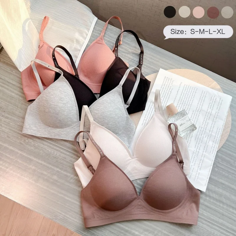 Gerippter, bügelloser BH für Damen, verstellbare Träger mit Buchstabenaufdruck, Bralette, herausnehmbare Polster, weiche Unterwäsche, Alltags-Lingerie, S-XL