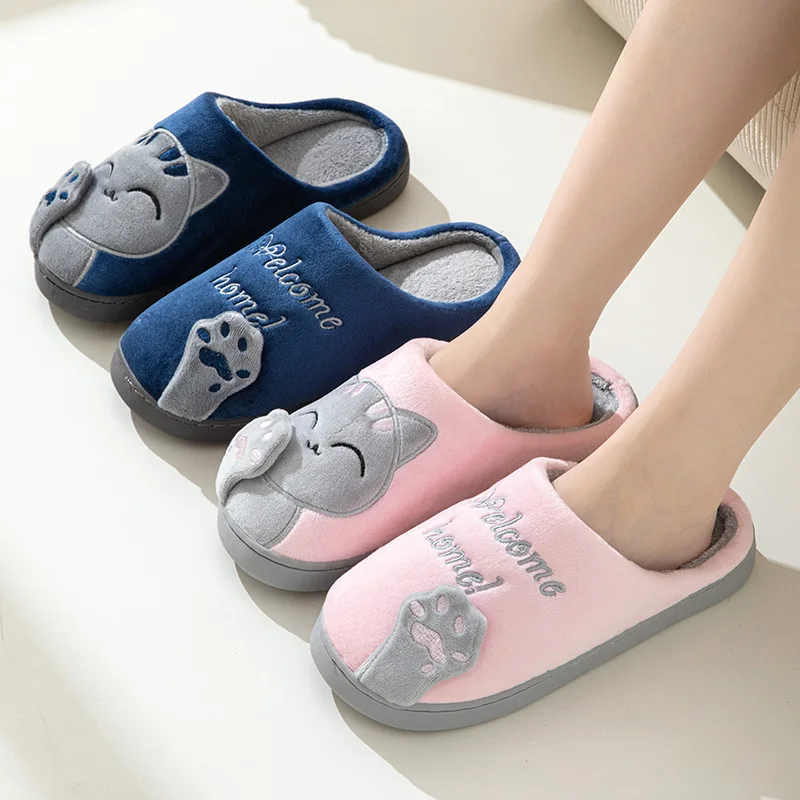 Cute Lucky Cat Design Plush Ladies Slippers Autumn And Winter Indoor Floor Non-Slip Soft Comfortable Warm Home Shoes for Unisex
