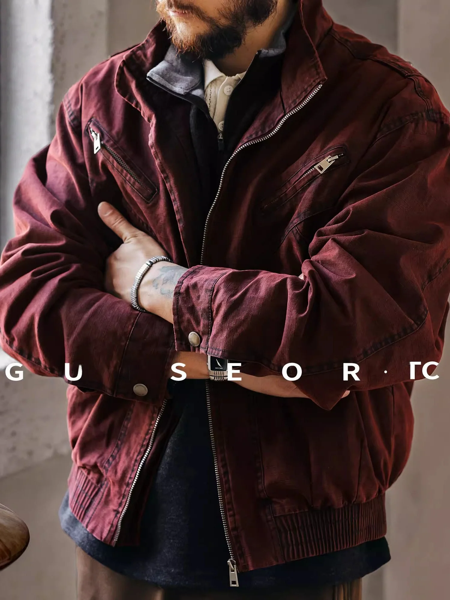 

Large Size American Retro Barn Style Jacket Men's Spring Autumn New Stand Collar Hard Man Casual Short Coat Loose Fit Breathable