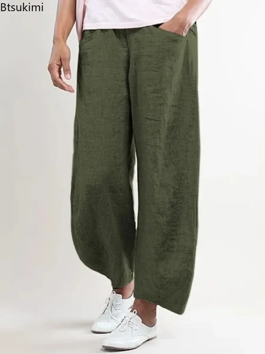 Solid Casual Cotton Linen Trousers for Women Fashion Simple Loose Wide Leg Pants Comfort Middle Waist Versatile Sweatpants Femme