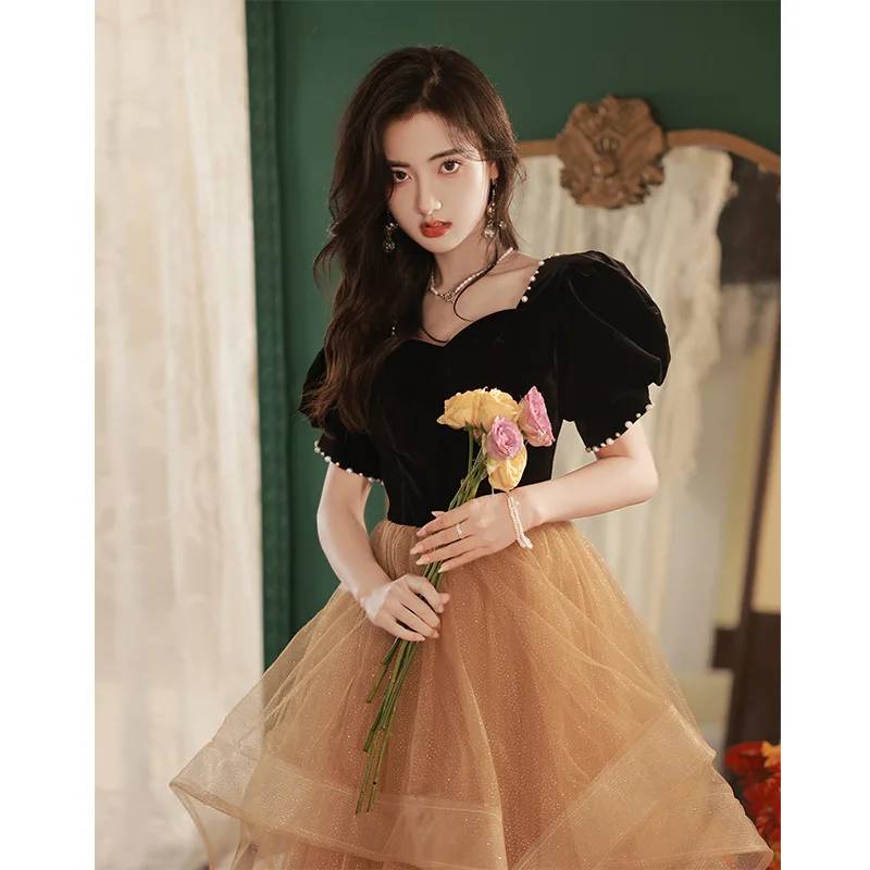 

Evening Dress for Women French Style Beading Puff Sleeve Square Collar Patchwork Prom Dresses Princess Banquet Party Gowns