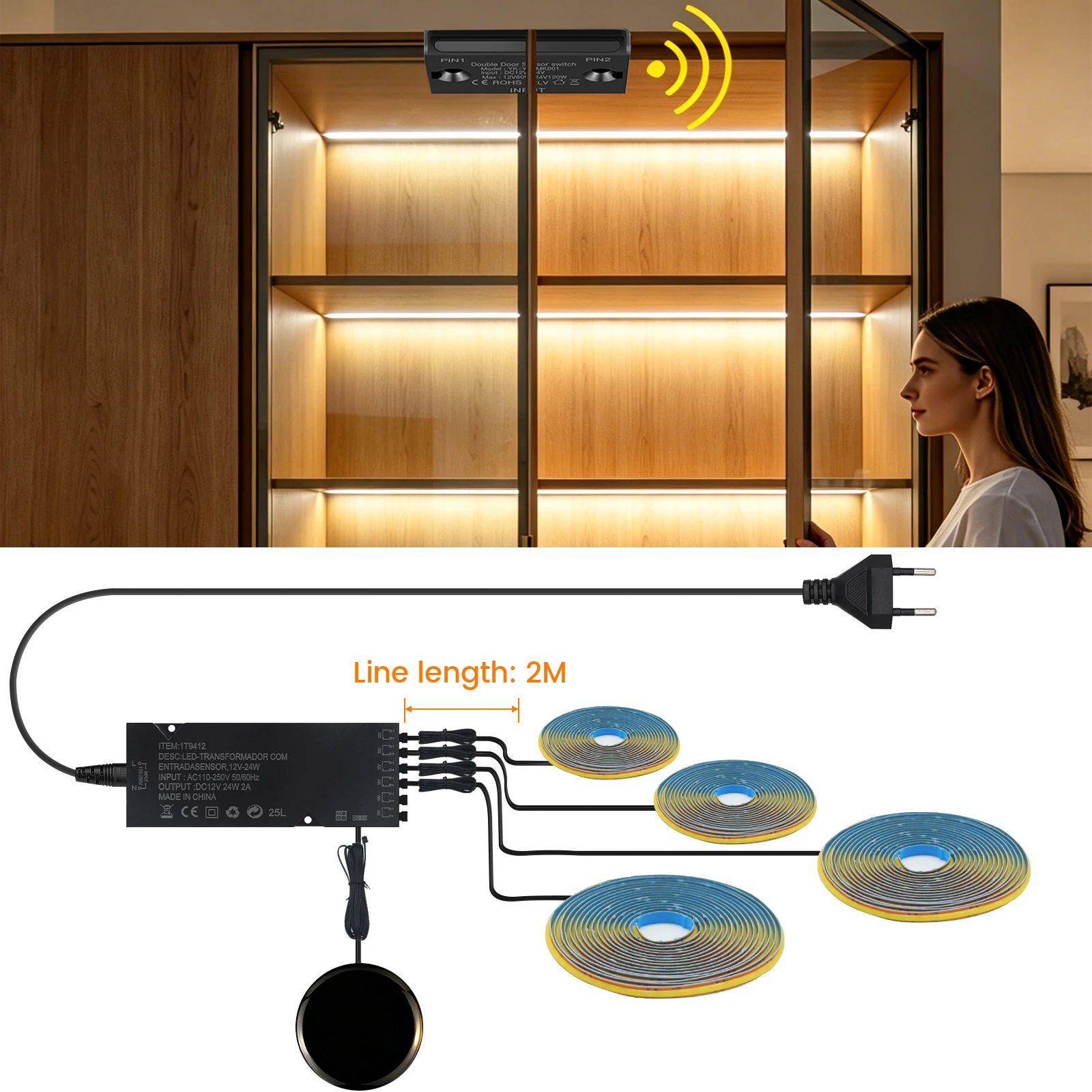 COB Led Strip Light with Dimmable Touch Sensor Switch Tape 400LEDs/M Penetrable Wood for Wall Panel Living Room Cabinet Lighting