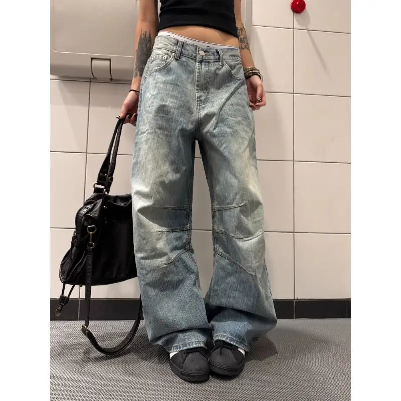 

Korean Fashion Vintage Y2K 2000s Blue Washed Jeans Women's 2026 Casual Loose High Waisted Straight Leg Pants Female Clothing