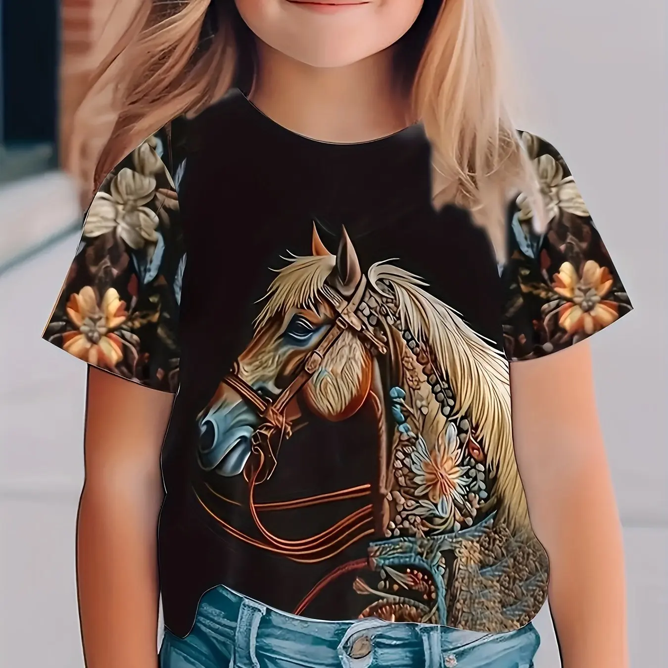 Children's Clothing Girl T-Shirt Short Sleeve Stylish 3D Horse Printed Kids Summer Clothes Casual Round Neck Girl Clothes Tops