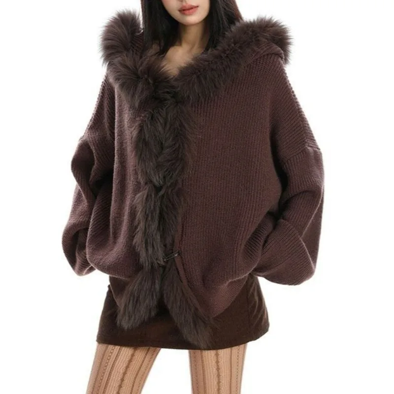 Lazy Temperament Loose and Slim Knitted Jacket Large Fur Collar Patchwork Hooded Sweater Women's Autumn and Winter