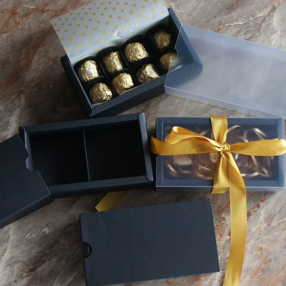 

14*7*5cm 10set Black Chocolate Cotton Candy Paper Box with PVC Window As Wedding Christmas Birthday Gift Packaging