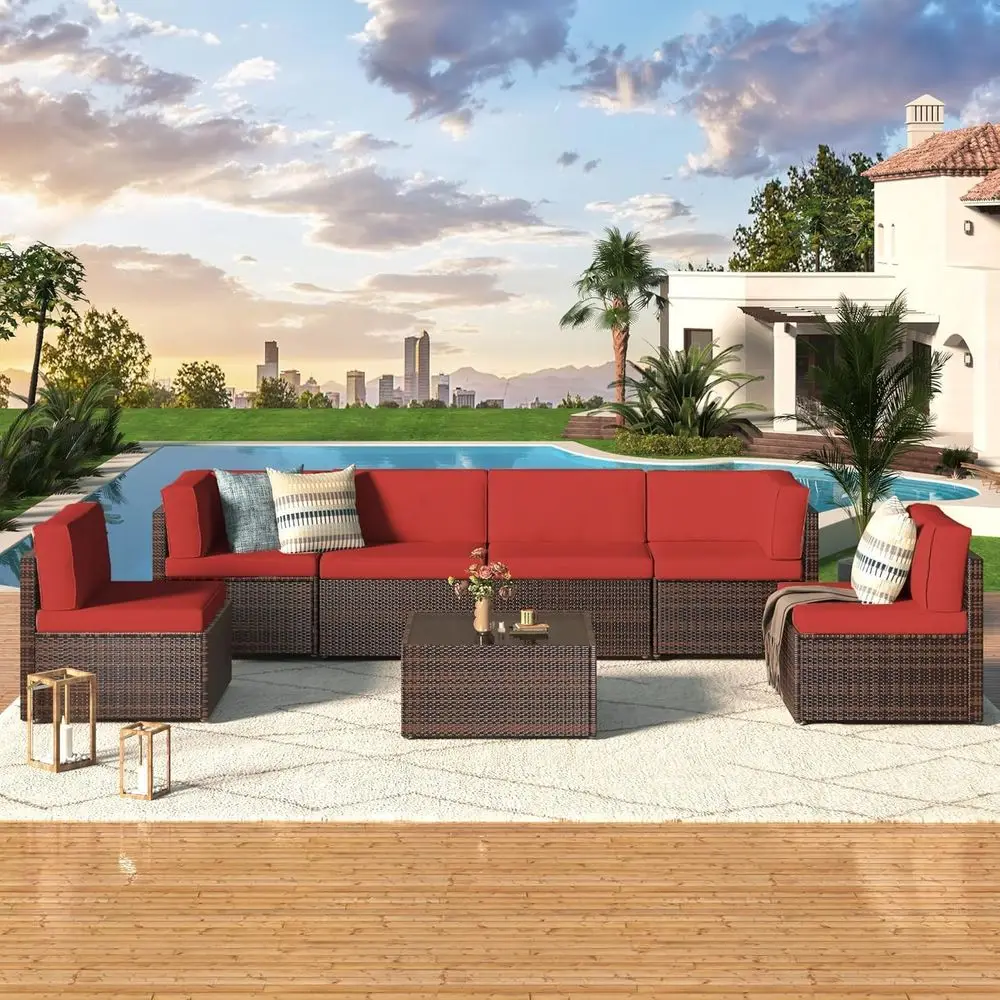 

7-Piece Outdoor Wicker Sectional Sofa Set with Cushions and Coffee Table