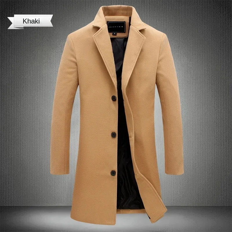 

2025 Spring Autumn New Long Cotton Coat New Wool Blend Pure Color Casual Business Fashion Men's Clothing Slim Windbreaker Jacket