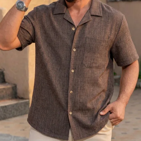 High-quality Imitation Hemp Cuban Collar Shirt Men's Summer Thin Shirt