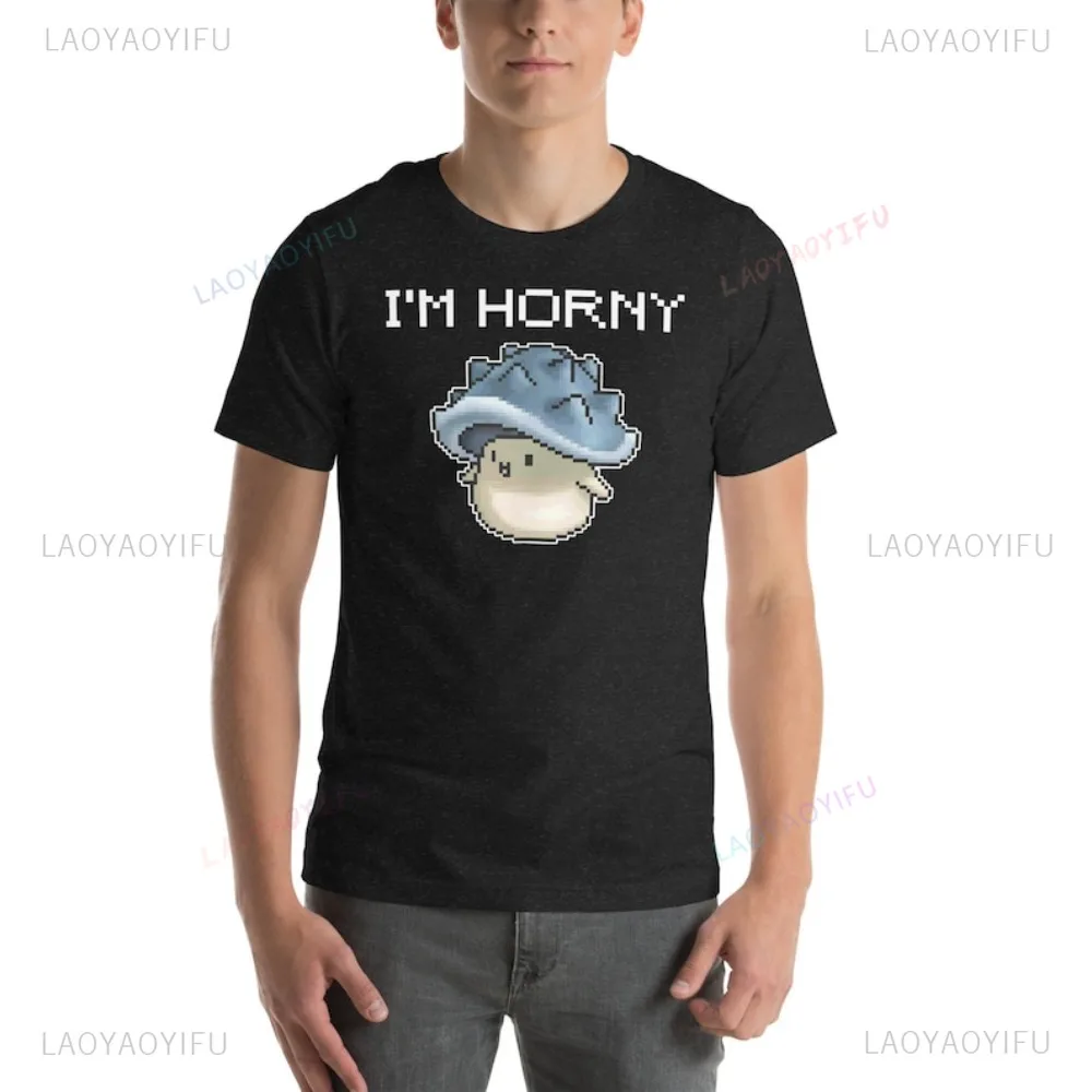 I'M HORNY! MapleStory Mushroom Joke TShirt Retro Pixel Style Gaming Harajuku Women T Shirt Casual Fashion Short Sleeve Man Tees