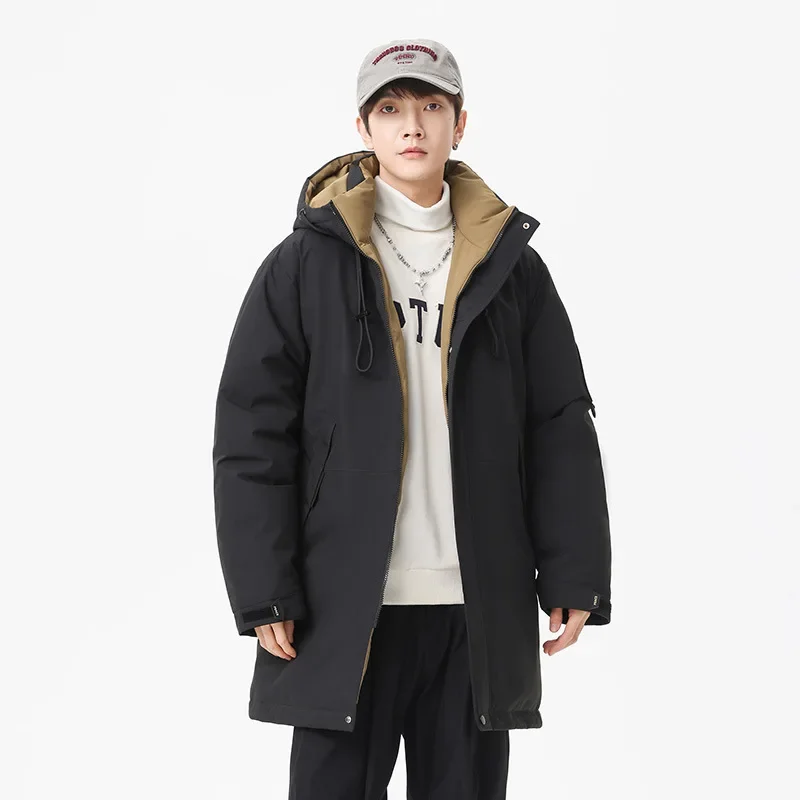 한국 스타일 면 라이너 후드 파카, 두껍고 긴 작업복, 젊음 활력, 남성용 면 의류