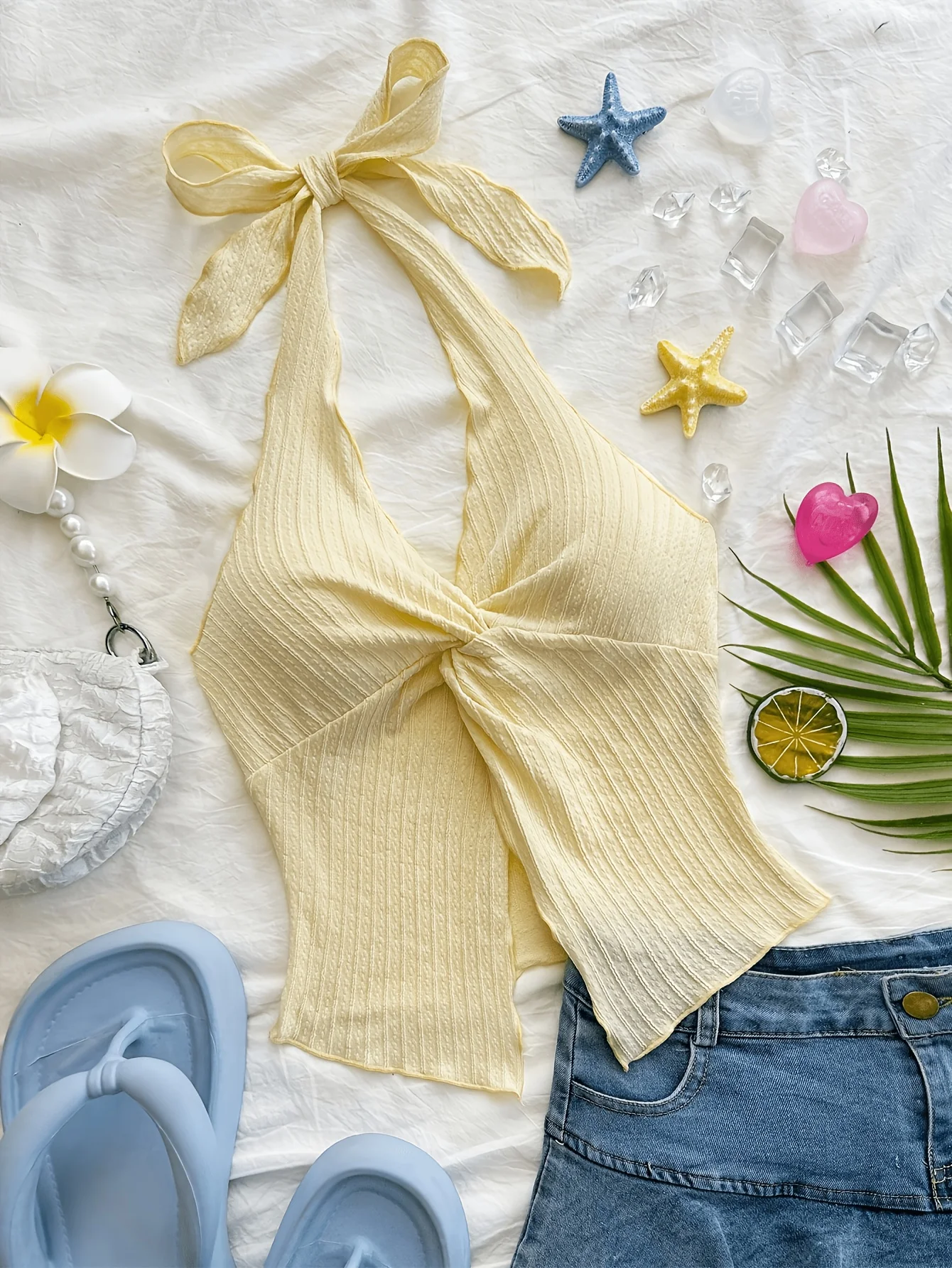 Women Twist Front Halter Crop Top, Ribbed Textured Back Tie Bow Sleeveless Cami Top, Deep V Neck Split Hem Slim Summer Vacation