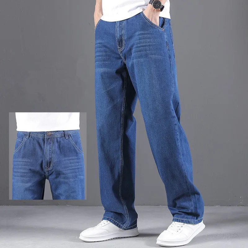 Summer Denim Pants Men 100% Cotton Light Weight  Loose Straight Thin Big Size 44 46 48 Male Basic Jeans Breathable Trousers