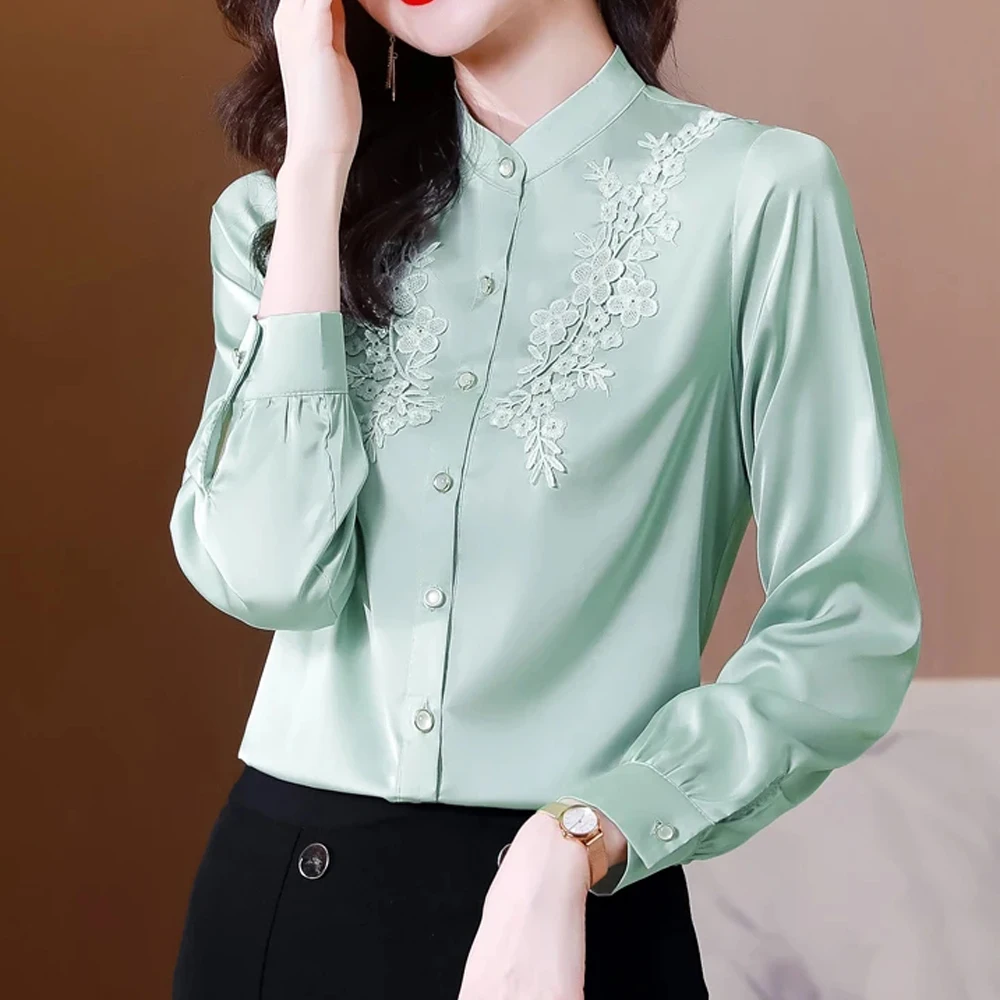 Chic Fashion Satin Embroidery Womens Tops And Blouse Elegant Solid Long Sleeve Office Lady Simple Vintage Shirts Blusas Clothes