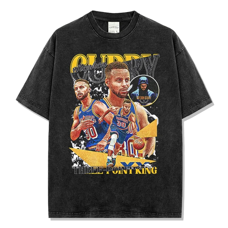 

Винтажная футболка Acid Wash Stephen Curry, трехточечная футболка с рисунком King, мужская повседневная модная футболка свободного покроя с принтом
