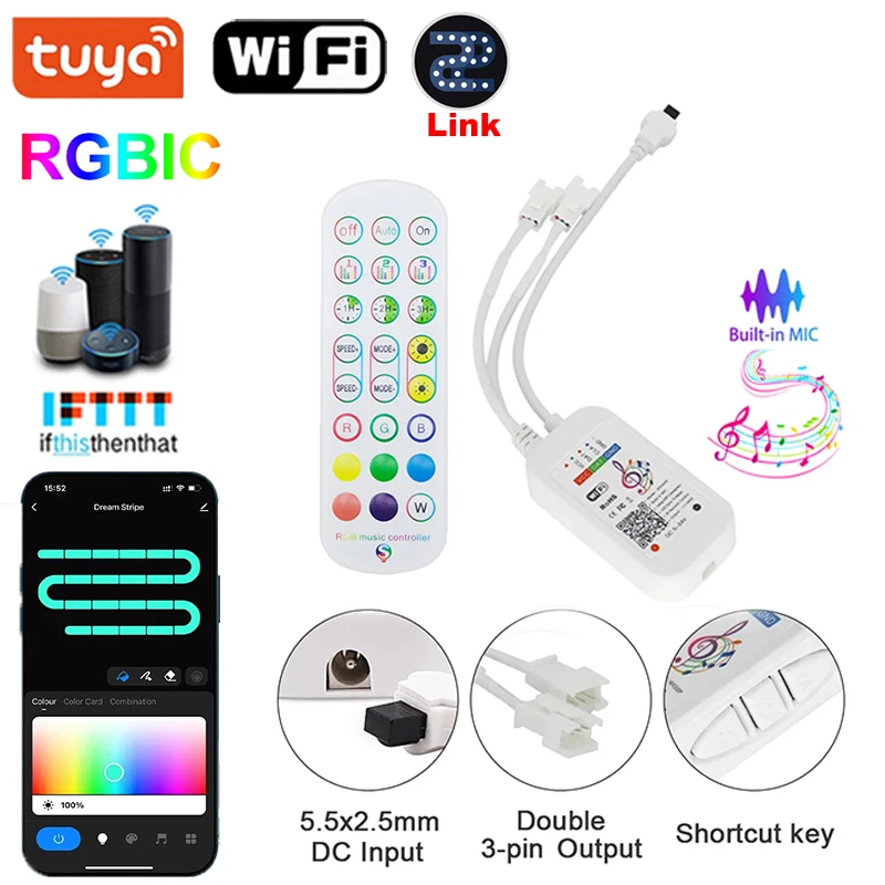 TUYA WIFI Controller Smart 24Keys Remote Control Magic Color RGBIC LED Strip Controller Bluetooth Dream Color Alexa Google Home