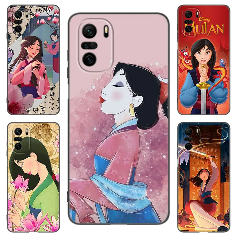 Disney Princess Mulan Black Silicone Phone Case For Xiaomi POCO X3 X4 NFC F2 F5 M3 M4 M6 X3 X4 X5 Pro 5G F3 GT C65 F4 M5 X2