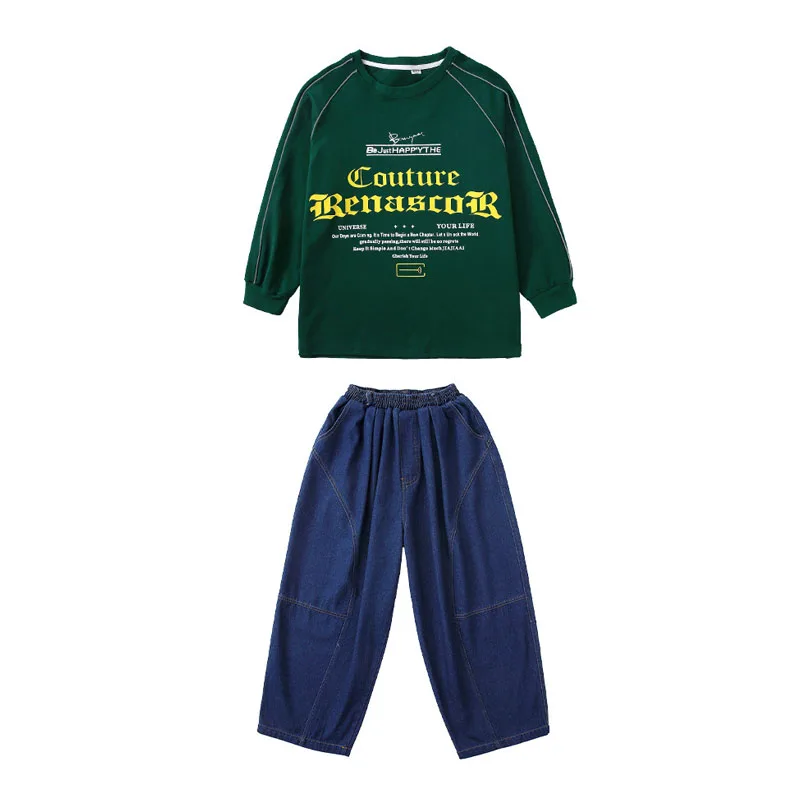Kind Kpop Hip Hop Kleidung Grün Rot Buchstaben Sweatshirt Denim Blau Baggy Jeans Hosen für Mädchen Junge Street Dance Kostüme Kleidung
