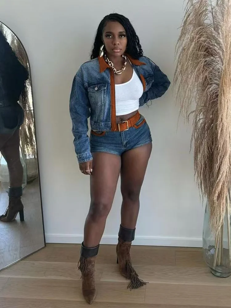 

Sister Star Women's Suit Fashion Casual Denim Shorts Vintage Clashing Color Splicing Long Sleeve Stretch Street Two-piece Outfit