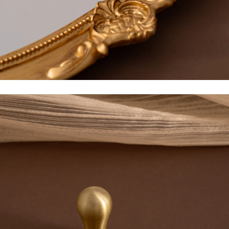 Teardrop knob and brushed brass finish in close view