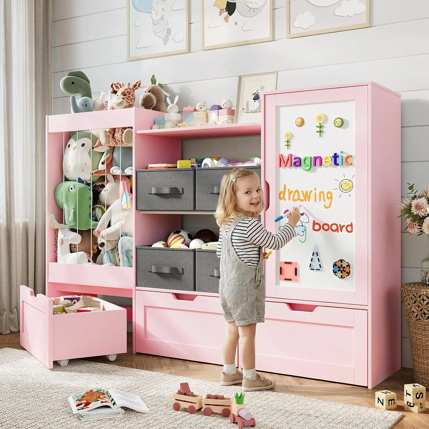 61"W Kids Toy Storage Organizer with Stuffed Animal Storage, Wooden