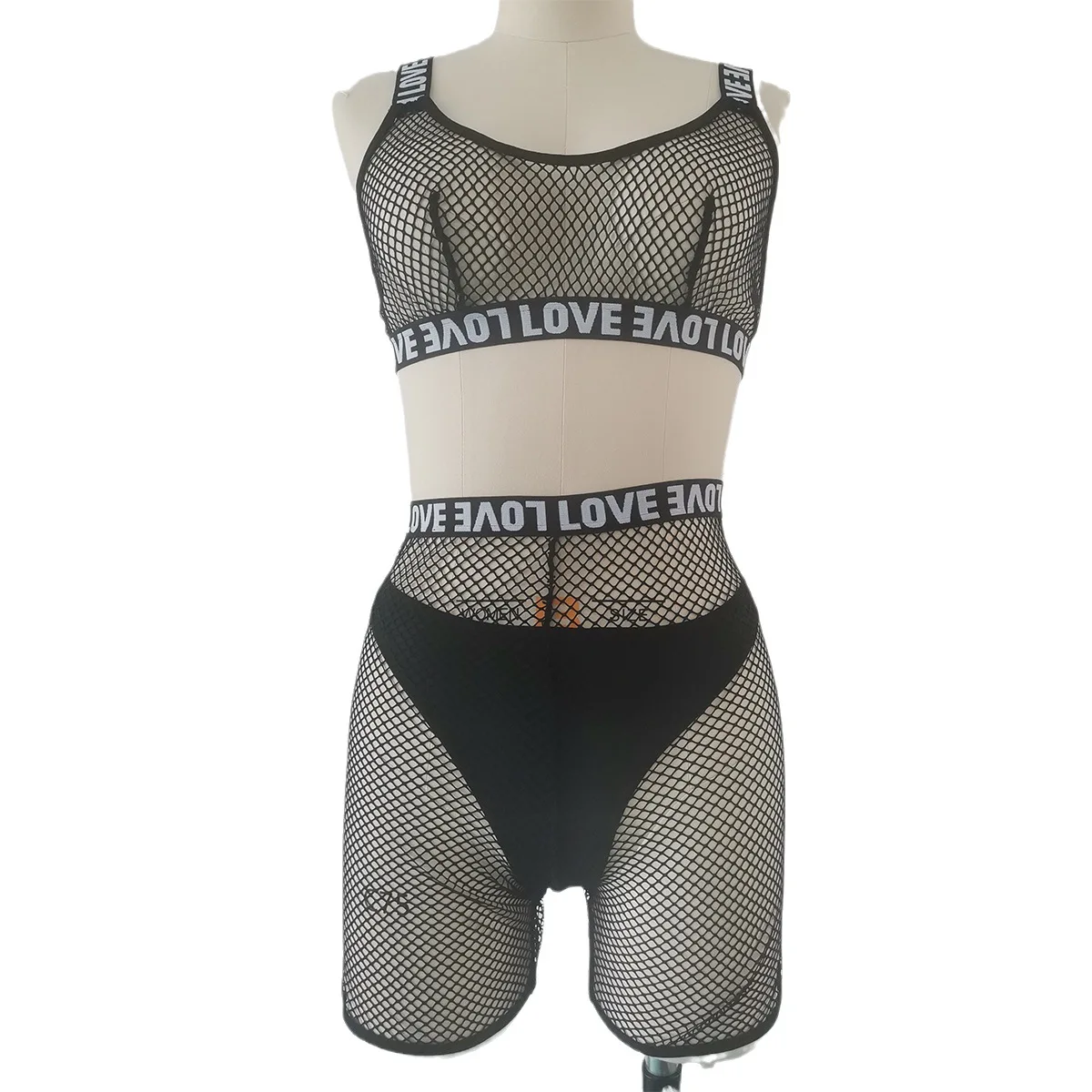 Sexy Sexy Underwear Set Hollow Grid Perspective Letter Printing Mesh Clothes Women's Romantic Underwear Set