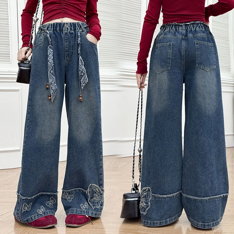 

Elegant Children Autumn Butterfly Embroidery Jeans with Belt for Tween Girls Casual Straight Leg Denim Pants Kids Retro Trousers