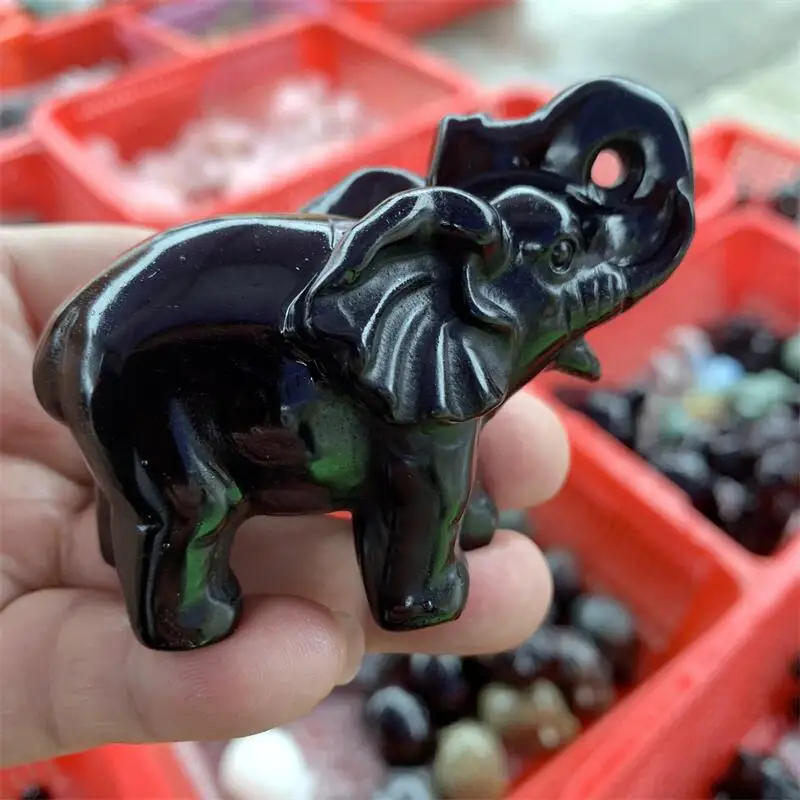 

Natural Black Obsidian Elephant Crystal Animal Tank Landscaping Carving Healing Christmas Gift Home Decoration 1PCS