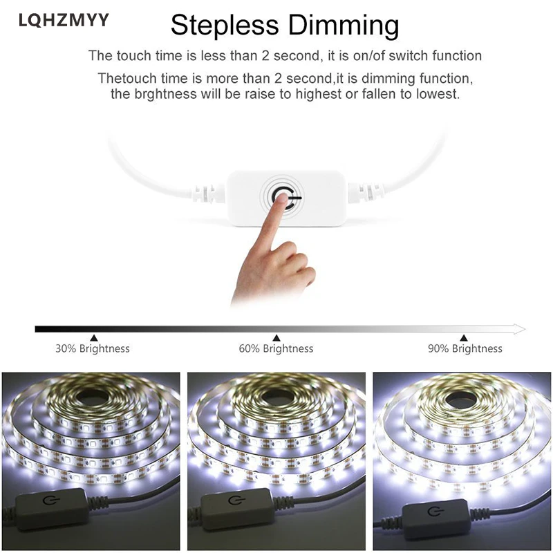 Led Light Strip, with Touch Dimming Controller, Dc 5V USB Powered, Led Strip with Curved Design, 1m to 20m Strips, Can Be Glued and Cut, Suitable for Tv Mirror Background Lighting, Room Cabinet Sofa Corridor Lighting L