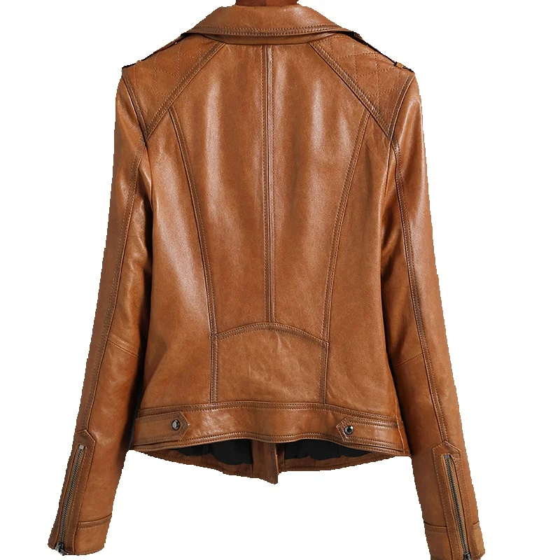 Chaqueta de cuero de oveja para mujer, Chaqueta corta de estilo occidental con solapa, ajustada, para motocicleta