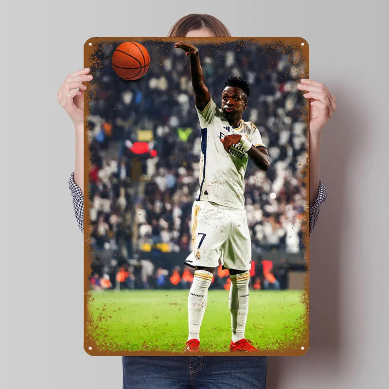 علامات صفيح لاعب كرة القدم فيني ملصق رياضي ديكور المنزل والحديقة علامة معدنية مخصصة لتزيين جدران القهوة الزاوية
