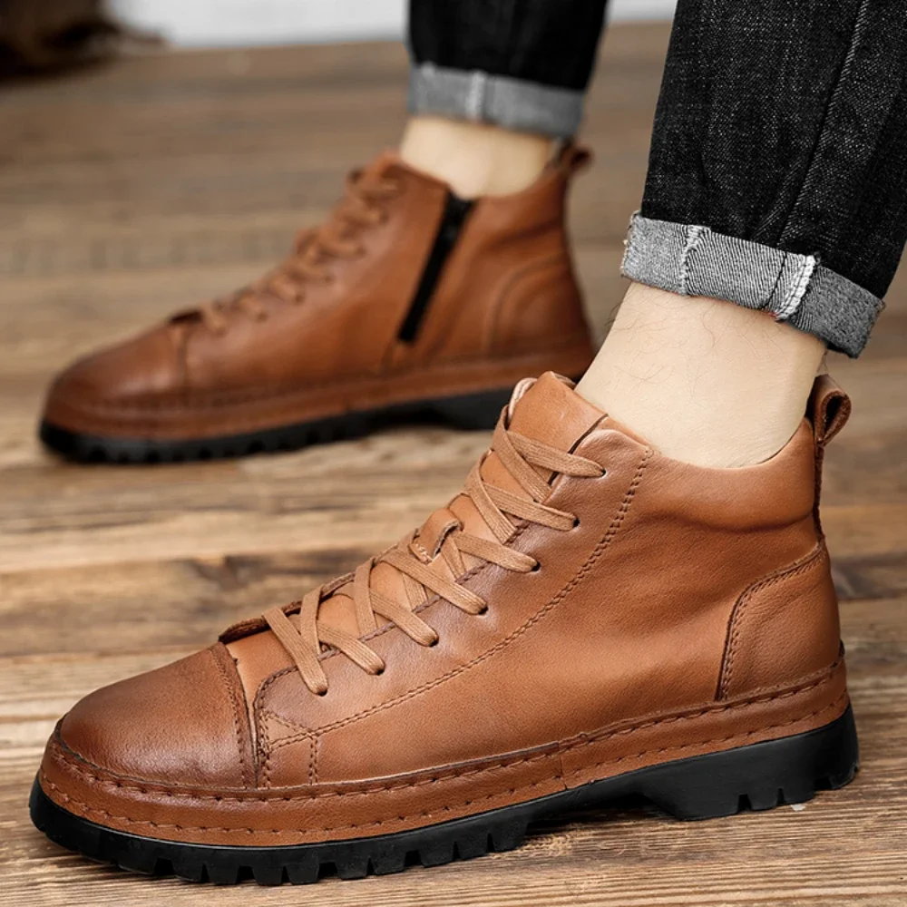 Men‘s Genuine Leather Motorcycle Boots Outdoor Antiskid Western Ankle Boots Lace-Up High-Top Sneakers All-match For Men