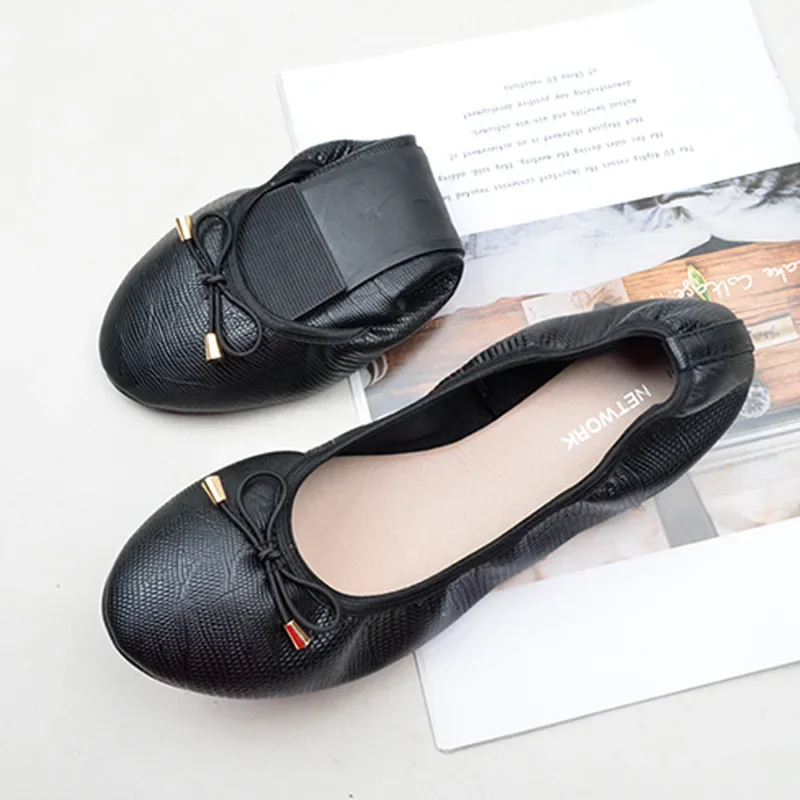 High Quality Fashion Flat Shoes Elegant Comfortable Women Flats Bowknot Mocassin Femme Foldable Round Toe Leather Women Loafers