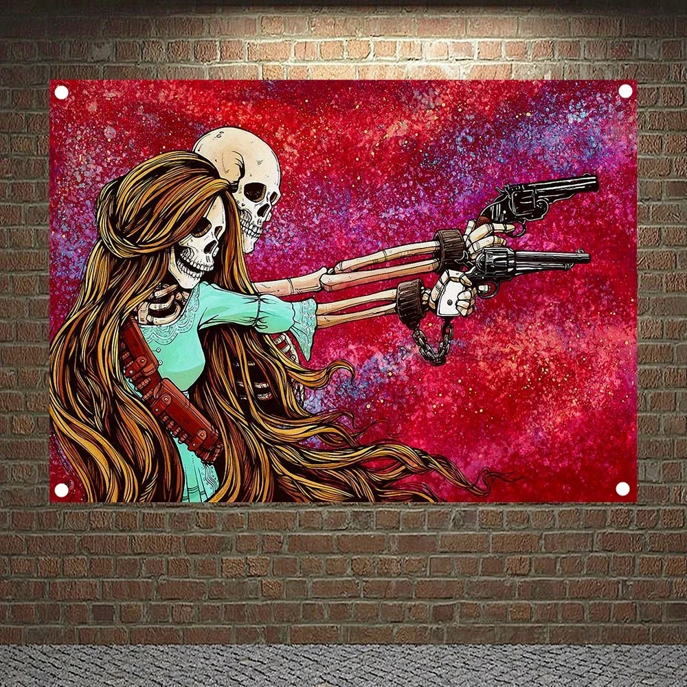 

Skeleton Couple Gunslinger Death Art Banner Wall Painting Chicano Tattoo Art Poster Flag Wall Sticker Home Decor Mural Tapestry