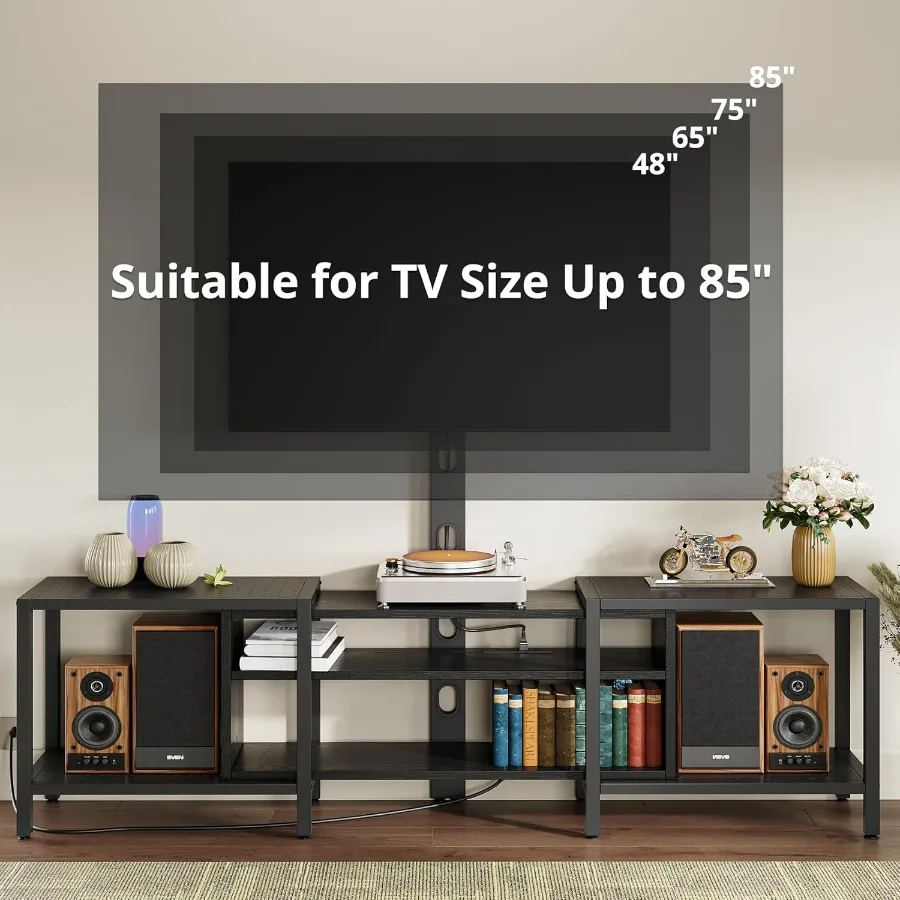 حامل تلفزيون 79 بوصة لأجهزة التلفاز حتى 85 بوصة مع حامل على الحائط ومخرج طاقة مدمج وحدة تخزين 3 طبقات مع إطار فولاذي حديث E