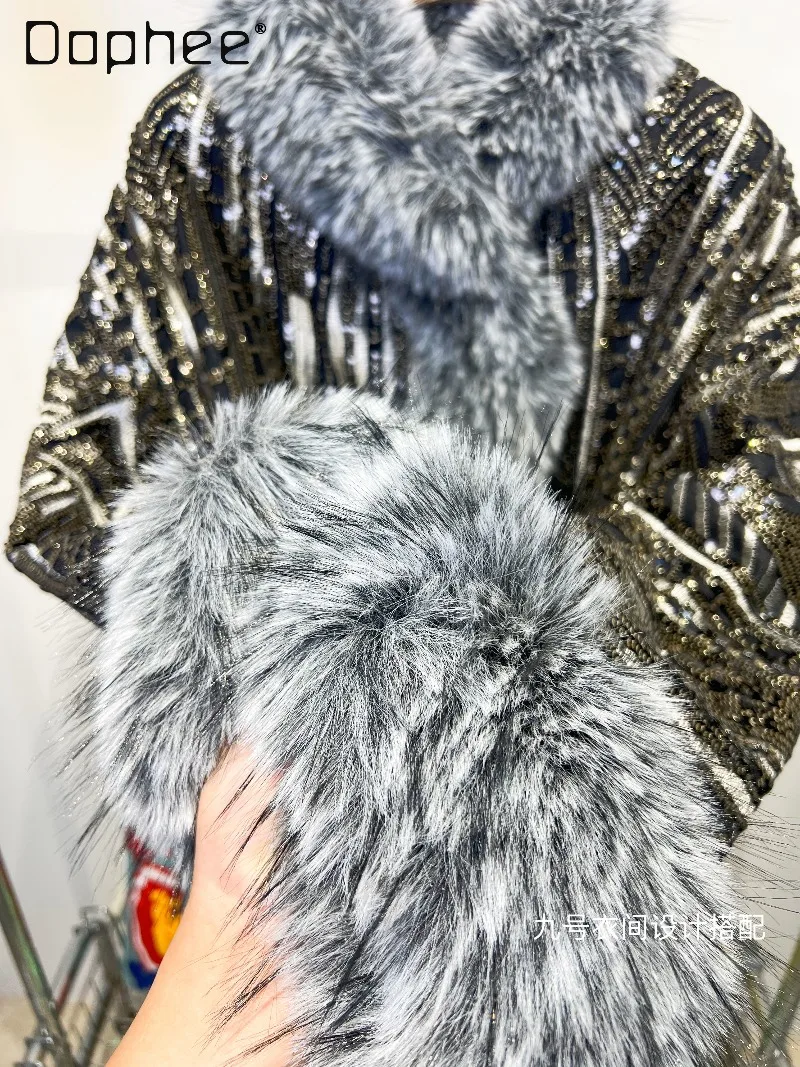 Heavy Industry Beaded Sequin Faux Fur Coat for Women 2025 Winter New High End Elegant Fashion Thicken Loose Warm Fur Jacket