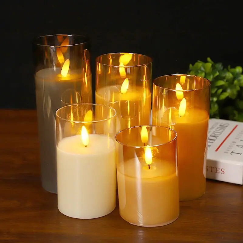 

Rechargeable Remote or Not Remote Glass tube 3D wick LED Pillar Candles Light Home Wedding Party Table Lighting Decoration-Amber