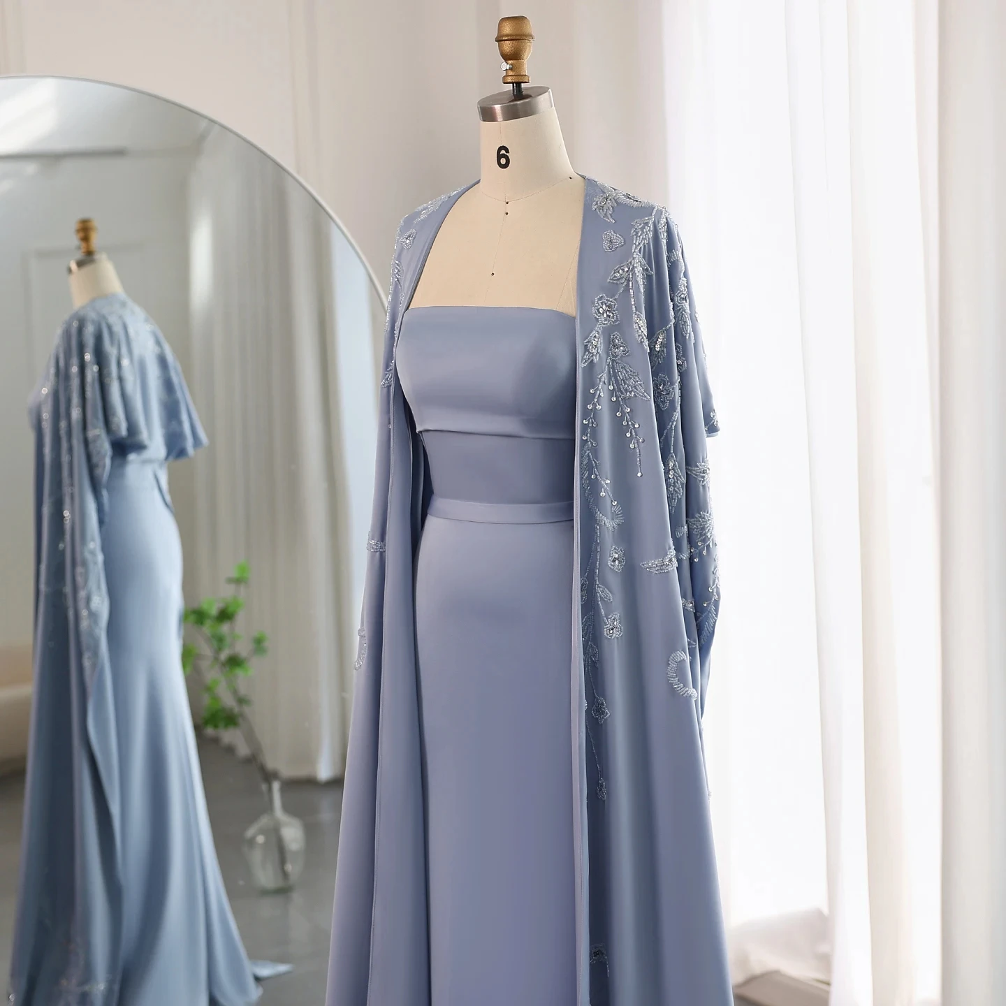 Jancember Arabic Blue Mermaid Evening Dress with Cape Sleeves 2024 Luxury Beaded Dubai Women Wedding Guest Party Gowns SZ407